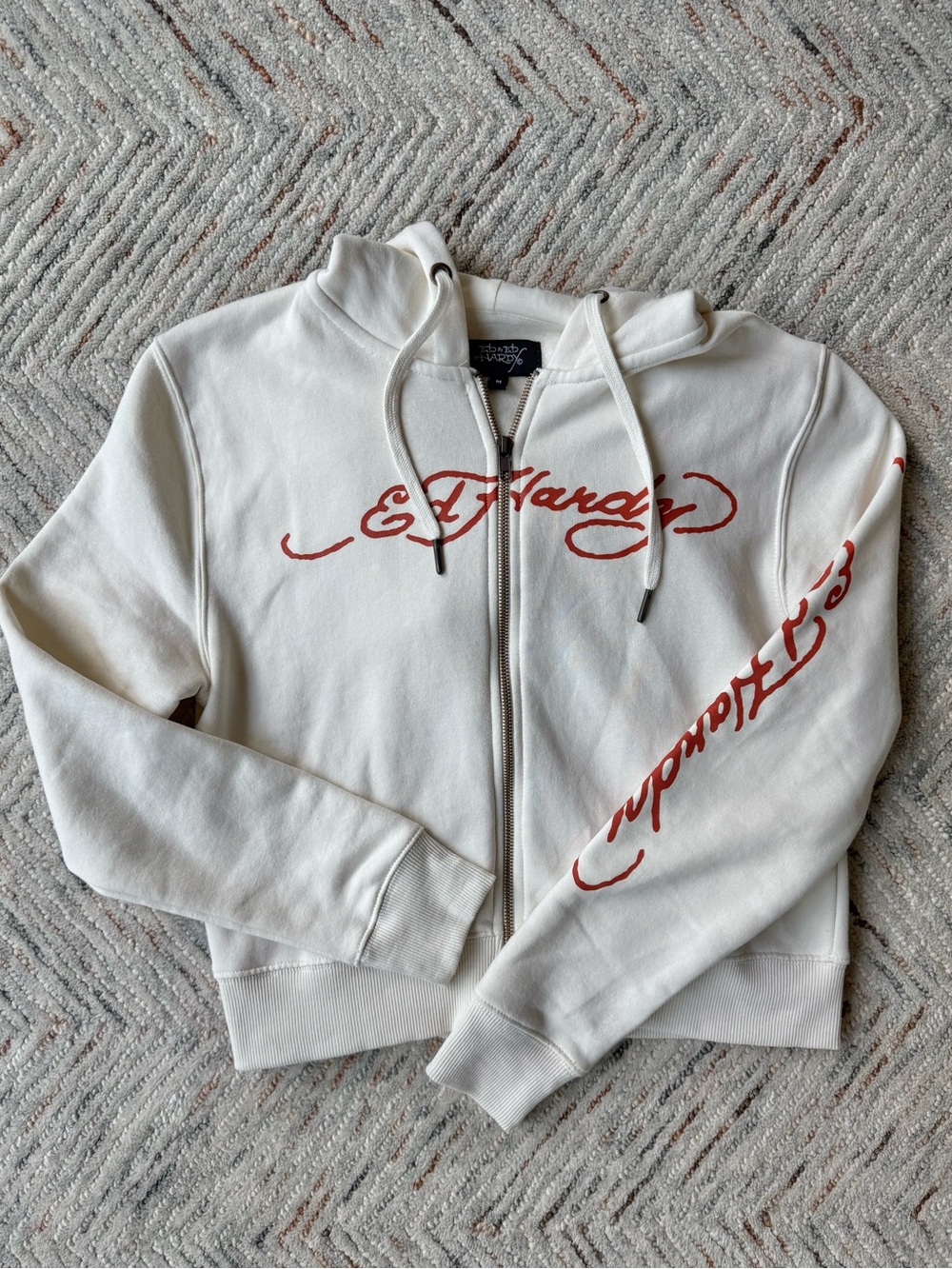 Ed Hardy Cream Zip Hoodie with Red Script Logo